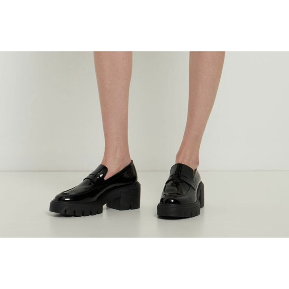 Stuart Weitzman Soho Black Patent Leather Lug Sole Loafers, Size 9